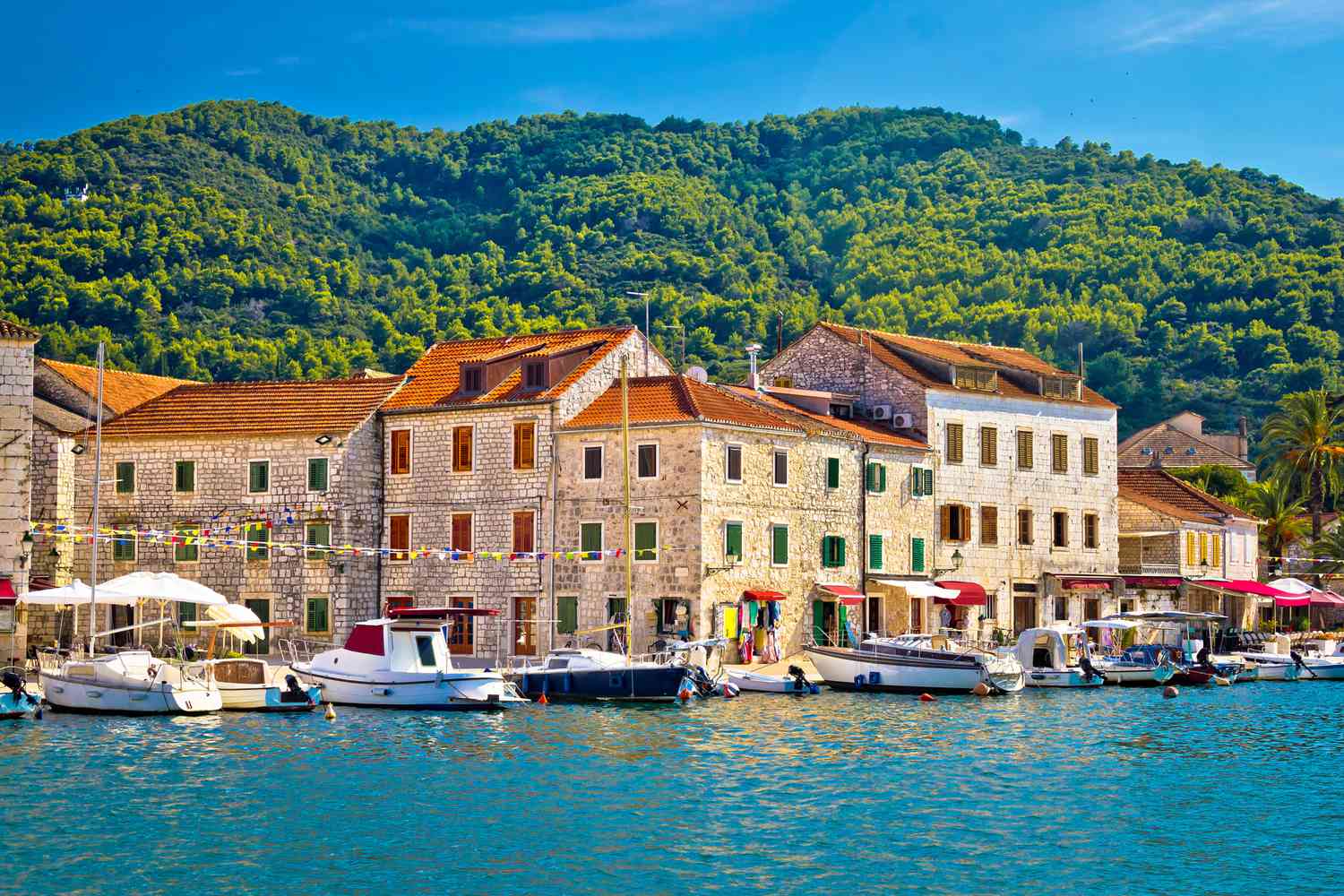Two Mercedes V-Class taxis on the pier at sunset, Hvar
